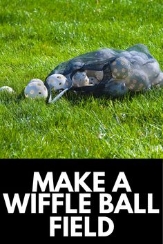 a bunch of balls that are in the grass with text overlaying it reading make a wiffle ball field