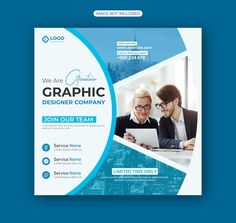 a blue and white flyer design for a graphic company with two people working on a tablet