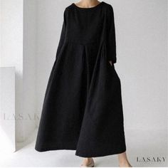 Lasaky - Loose-fit Cotton and Linen Round-neck Sweater Dress in Solid Color with Knee-length Hem and Flared Skirt Artistic Texture, Long A Line Skirt, Flowy Design, Elegant Maxi Dress, Cotton Linen Dresses, Cotton Blends Dress, Cotton Dress Summer, Looks Black, Linen Maxi Dress