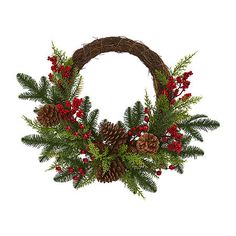 a christmas wreath with pine cones and berries