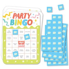 party bingo game with free space to play on the side and blue stickers next to it