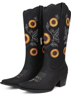 Introducing our Sunflower Embroidered Cowboy Boots, the perfect combination of style and function. These black cowgirl boots feature beautiful sunflower embroidery, adding a touch of femininity to a classic design. Made for women who want to make a statement, these boots are a must-have for any wardrobe. Elevate your look and stand out from the crowd with these stylish cowboy boots. Color : Black Closure Type : Slip on Insole Material : PU Leather Lining Material : PU Leather Outsole Material : Casual Fall Boots With Floral Embroidery, Black Boots With Floral Embroidery For Fall, Black Floral Embroidery Boots For Fall, Casual Black Embroidered Boots, Cowgirl Boots For Women, Embroidered Cowboy Boots, Black Cowgirl Boots, Sunflower Embroidery, Chunky Heeled Boots