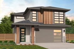 a rendering of a two story house with wood trimmings on the front and sides