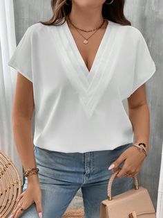 Plus Solid Batwing Sleeve V Neck Blouse White Casual  Short Sleeve Woven Fabric Plain Top Non-Stretch  Women Plus Clothing, size features are:Bust: ,Length: ,Sleeve Length: Batwing Sleeve Blouse, Button Front Shirt Dress, Plain Tops, V Neck Blouse, Plus Size Kleidung, Plus Size Blouses, Batwing Sleeve, White Casual, Short Sleeve Blouse