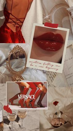 the collage is full of different pictures and words, including wine glasses, red lipstick, white paper with writing on them