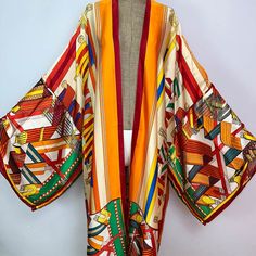 Elegant Multicolor Kimono For Beach, Elegant Multicolor Beach Kimono, Long Multicolor Silk Kimono, Multicolor Long Silk Kimono, Elegant Multicolor Kimono For Vacation, Multicolor Silk Kimono For Fall, Elegant Long Multicolor Kimono, Elegant Multicolor Silk Kimono, Mode Turban