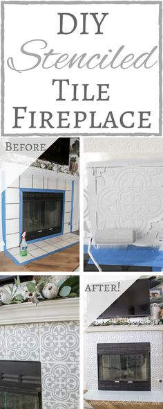 the before and after pictures of an old fireplace makeover with stenciled tile