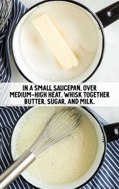 two images showing how to make butter and milk in a saucepan with the same recipe