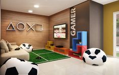 a living room filled with lots of furniture and soccer balls