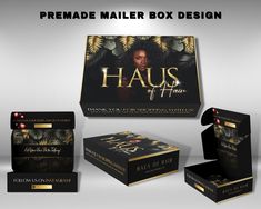 the box for haus of them is shown in three different colors and sizes, including black