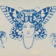 a blue and white drawing of a woman's head with butterfly wings on it