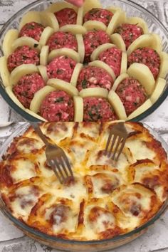 a pizza with meatballs on it and a pie dish in the bottom left corner