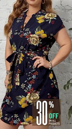 Upgrade your summer wardrobe with this Plus Size Floral Print Belted Dress. Featuring a casual notch neck and short sleeves, this dress is perfect for spring and summer. Ideal for plus size summer outfits and stylish plus size summer fashion. #plussizesummerfashion #curvystyle #summeroutfits #plussizeclothing Stylish Plus