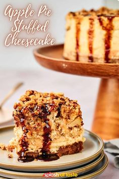 a piece of apple pie stuffed cheesecake on a plate