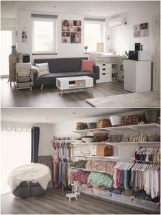 two pictures of a living room and bedroom with clothes on the shelves in front of the couch