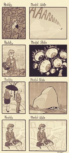 cartoon comics showing different stages of life in the rain and on the ground, with words describing