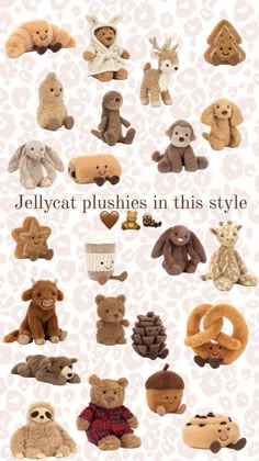 there are many different stuffed animals on this page, and the caption says jellycat plushes in this style