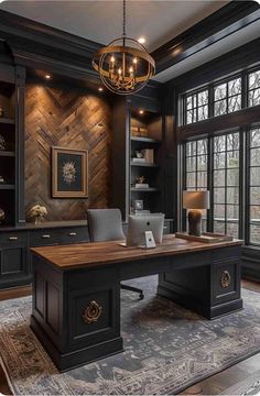 an elegant office with wood paneled walls and black desk, chandelier, large windows