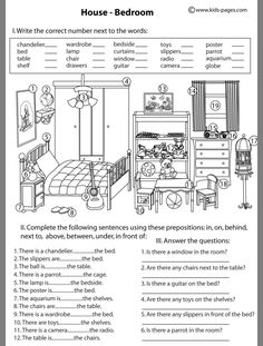 the house bedroom worksheet is shown in black and white, with pictures on it