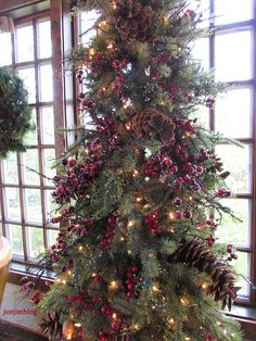 a christmas tree with pine cones and red berries in front of a window sill