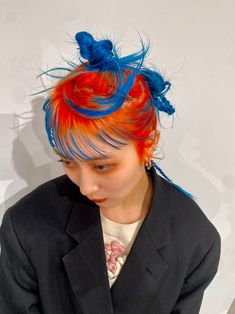 Weird Hair Dye Ideas, Pink Red Orange Hair, Creative Color Hair Inspiration, Artistic Hair Color, Ginger Hair With Blue Highlights, Orange And Teal Hair, Crazy Dyed Hair