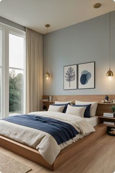 15 Inspiring Blue and Cream Bedroom Ideas: A Perfect Blend of Serenity and Style – Cabin Nook Muted Blue Walls, Blue Scandinavian Bedroom, Scandinavian Blue Bedroom, Simple Wooden Headboard, Light Blue Accent Wall Bedroom, Blue And Cream Bedroom Ideas, Color Palette With Blue, Blue And Cream Color Palette, Bed Against Window