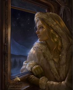 a painting of a woman looking out a window at the night sky with stars in the sky