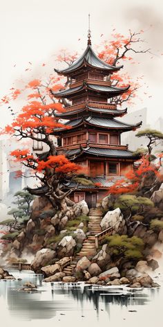 a painting of a pagoda on top of a hill with trees in the foreground