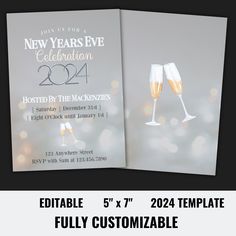 the new year's eve celebration flyer is shown with two champagne glasses in it