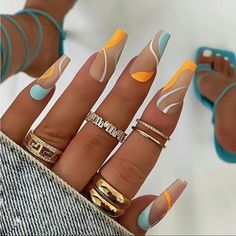 These Nails Are Gorgeous!!! Long Length, Not Quite Ballerina, More Of A Tapered Square-Tip Acrylics - A Darker Skin Tone Nailbed With Beautiful Pops Of Teal And Tangerine - A Modern Art Manicure - You Receive 24 Nails Reusable With The Included Nail Bed Tape *Or* Adhere With Any Nail Glue For Single Use Pro Tips 1. Add Your Own Accents Or Nail Bling 2. Add A Coat Of Clear Polish For An Extraordinary Upgrade To Your Manicure! Plus, It Lasts Longer! Boutique Item - New Comment With Any Questions - Happy To Help Happy To Bargain And Bundle - Thanks So Much! Fake Nails, False Nails, Press On, Glue On, Reusable Tips Nail Black And White, Manicure Natural, Nail Black, Coffin Press On Nails, Nails French, Fake Nail, Nail Patterns