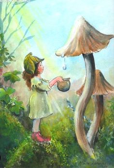 Fantasy Mushroom Fairy Art, Fairy Garden Art Painting, Acrylic Fairy Painting, Acrylic Fairy Painting Ideas, Fairy Drop Art, Forest Fairy Drawing, Easy Fairy Painting, Water Fairy Art