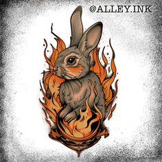 a drawing of a rabbit sitting on fire