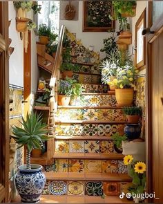 the stairs are decorated with colorful tiles and potted plants