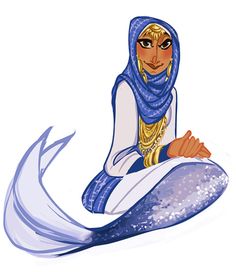 a woman sitting on top of a blue and white mermaid tail with her arms crossed