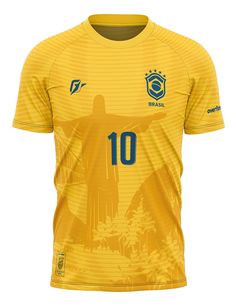 a yellow soccer jersey with the number 10 on it, and an image of jesus