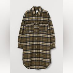 Brand New H&M Green Plaid Long Shirt Jacket H&m Cotton Long Sleeve Outerwear, H&m Long Sleeve Outerwear With Pockets, H&m Long Sleeve Outerwear With Button Closure, H&m Long Sleeve Tops With Pockets, H&m Cotton Outerwear For Work, H&m Tops With Pockets For Fall, H&m Collared Fall Outerwear, H&m Collared Outerwear For Fall, H&m Long Sleeve Outerwear For Fall