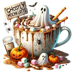 a cup filled with marshmallows, candy and ghost faces next to a sign that says ghostly mochalate