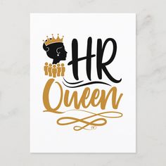 a sticker with the words hr queen in gold and black on top of it