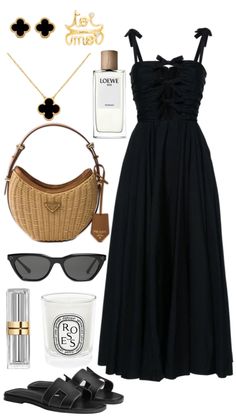 a black dress, sunglasses, purse and handbag are featured in this fashion post