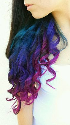 Eden! This colorful ombre hair color mixes purple, blue, and pink for the ultimate rainbow design. Galaxy Hair, Purple Things, Rainbow Hair Color, Bright Hair, Funky Hairstyles, Colorful Hair, Colored Hair