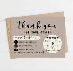 a thank card with the words, thank you for your order written in black ink