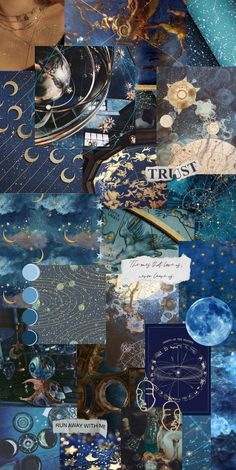 a collage of different images with blue and gold colors on them, including the moon