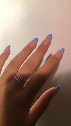 Blue Tip Acrylic Nails Almond, Nailspo Almond, Nail Designs Blue Almond, Vacation Nails Almond Shape French Tip, Cute Summer Almond Nails Simple, Nail Colour For Tan Skin Tone, Simple Blue Design Nails, Neon Nails Acrylic Almond, Acrylic Nail Ideas Almond Shape