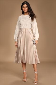 Champagne Pleated Skirt Outfit, Satin Champagne Skirt Outfit, Ivory Satin Skirt Outfit, Champagne Skirt Outfit, Classy Church Outfits For Women, Skirt And Boots Outfit, Classy Church Outfits, Champagne Skirt, Pleated Skirt Outfits