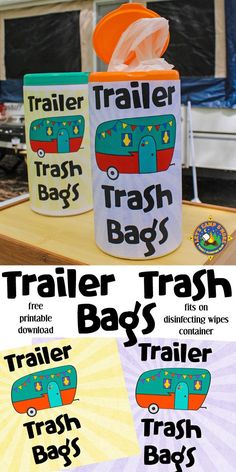 two trash bags with the words trailer trash bags written on them and an image of a trash can