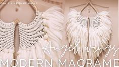 two white dresses hanging on a wall with the words modern macrame written over them