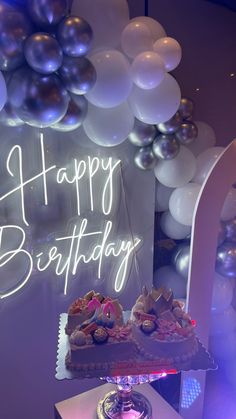 a birthday cake on a table in front of balloons and a sign that says happy birthday