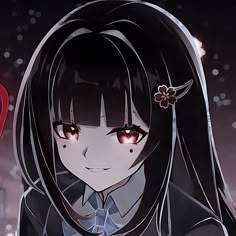 an anime character with long black hair and red eyes