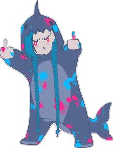 a drawing of a person in a shark costume with one hand up and the other pointing