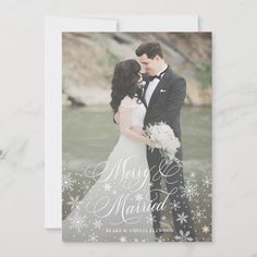 a wedding photo with snowflakes on it and the words merry married in white